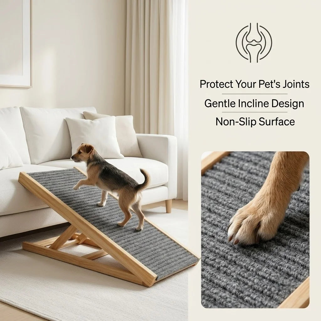Foldable Wooden Pet Ramp Non-Slip Carpet Dog Ramp for Bed Sofa Car SUV 50kg Load Solid Fir Wood Portable Ramp Gentle Slope Joint Protection for Senior Dogs Puppies No Assembly