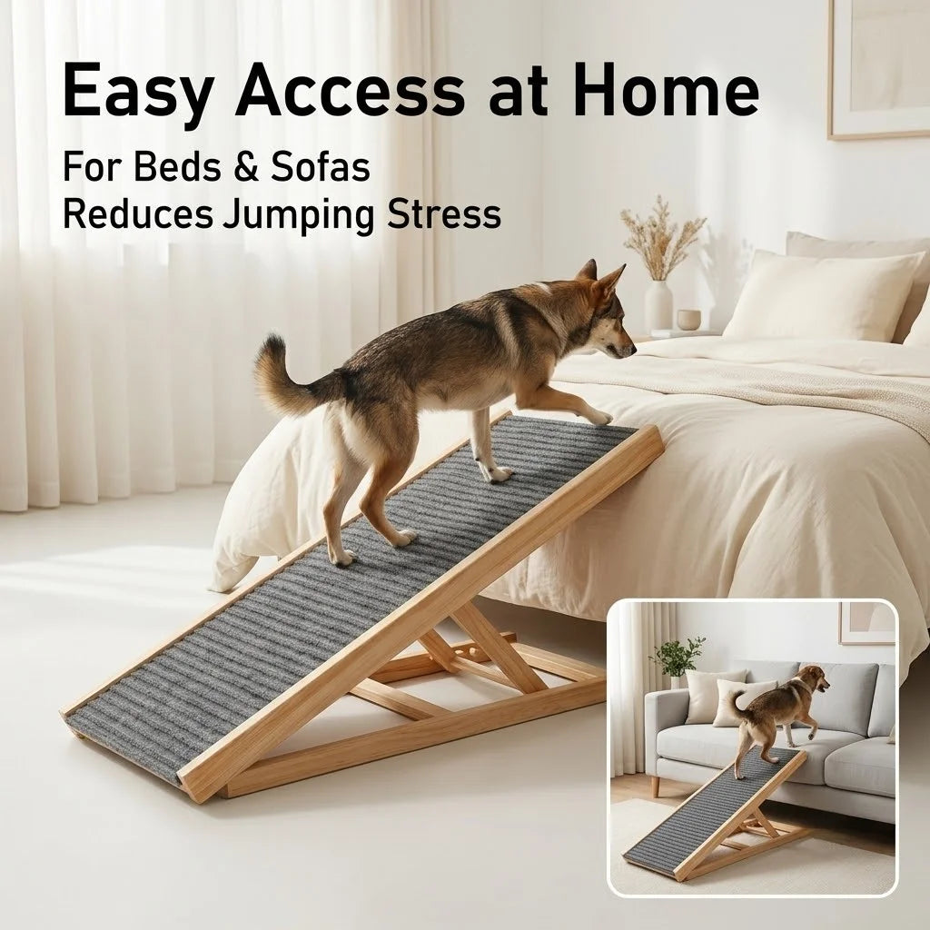 Foldable Wooden Pet Ramp Non-Slip Carpet Dog Ramp for Bed Sofa Car SUV 50kg Load Solid Fir Wood Portable Ramp Gentle Slope Joint Protection for Senior Dogs Puppies No Assembly