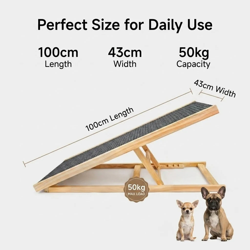 Foldable Wooden Pet Ramp Non-Slip Carpet Dog Ramp for Bed Sofa Car SUV 50kg Load Solid Fir Wood Portable Ramp Gentle Slope Joint Protection for Senior Dogs Puppies No Assembly