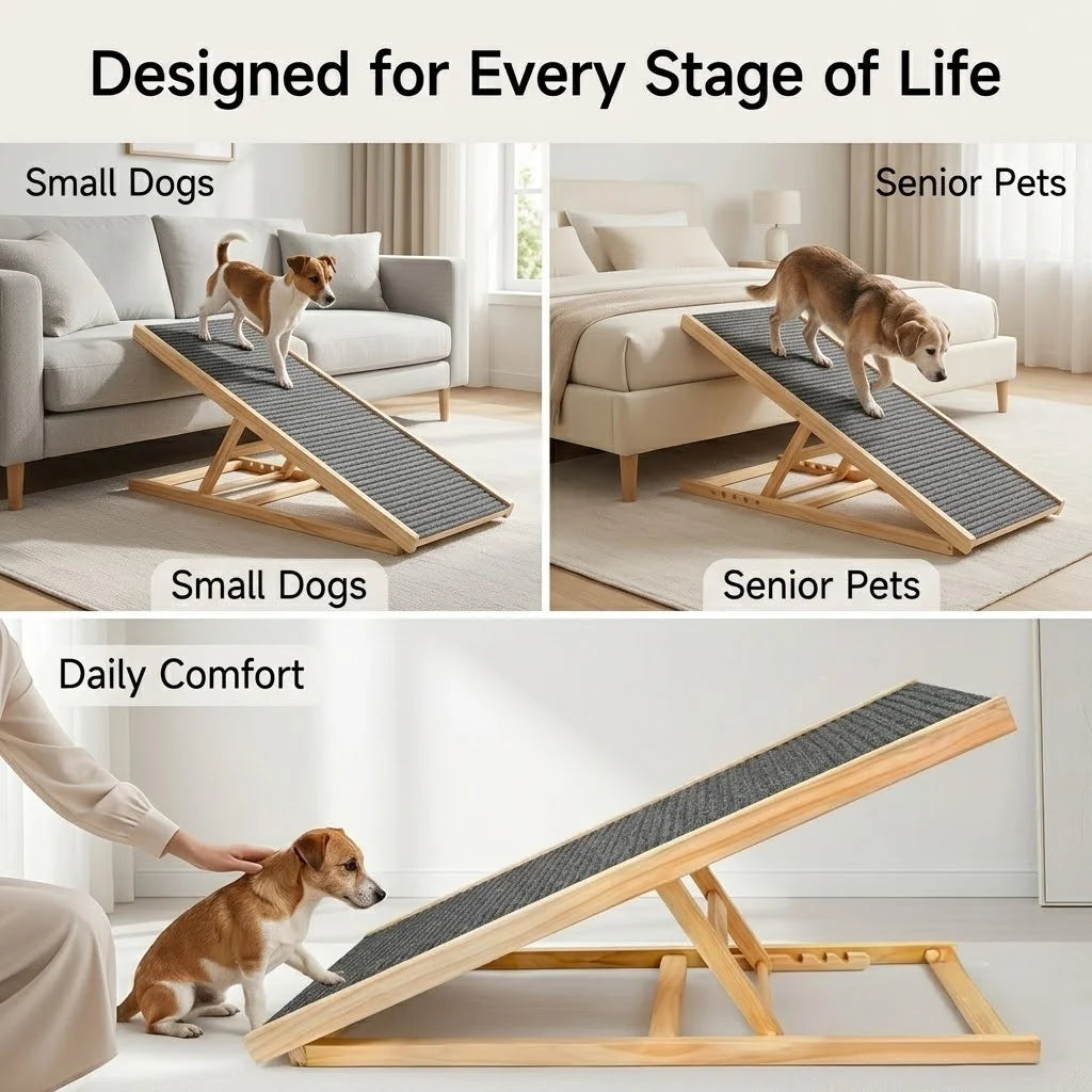 Foldable Wooden Pet Ramp Non-Slip Carpet Dog Ramp for Bed Sofa Car SUV 50kg Load Solid Fir Wood Portable Ramp Gentle Slope Joint Protection for Senior Dogs Puppies No Assembly