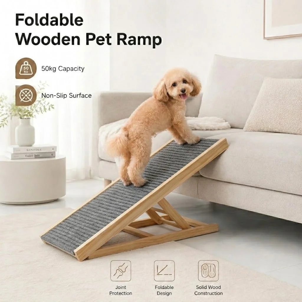 Foldable Wooden Pet Ramp Non-Slip Carpet Dog Ramp for Bed Sofa Car SUV 50kg Load Solid Fir Wood Portable Ramp Gentle Slope Joint Protection for Senior Dogs Puppies No Assembly