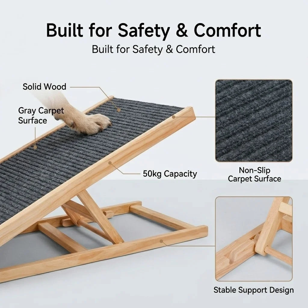 Foldable Wooden Pet Ramp Non-Slip Carpet Dog Ramp for Bed Sofa Car SUV 50kg Load Solid Fir Wood Portable Ramp Gentle Slope Joint Protection for Senior Dogs Puppies No Assembly