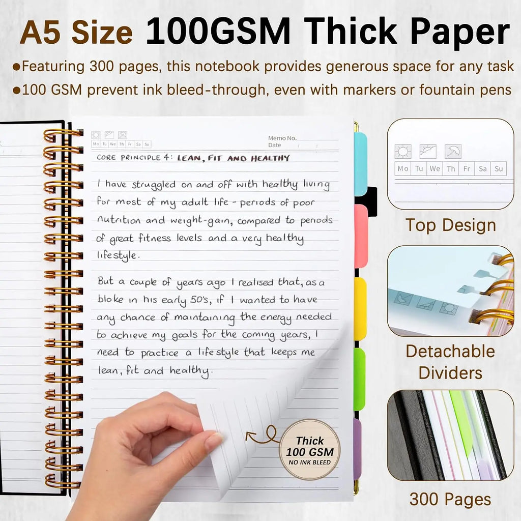 Hardcover Spiral Notebooks for Work 6.2"x 8.2", 300 Pages 5 Subject Notebook with Dividers & Tabs, A5 Spiral Journal