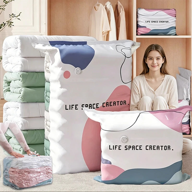 New No-Pump Vacuum Storage Bags, Large Storage Compression Bags for Clothes, Comforters, Blankets, Cube Compression Space Saver