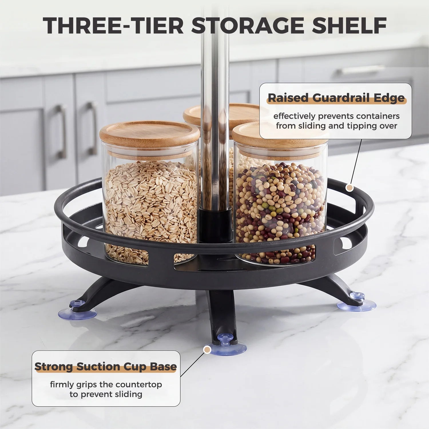 3-Tier 360° Rotating Spice Rack, Kitchen Bathroom Organiser, Height Adjustable Revolving Spice Turntable for Pantry, Cabinet, Countertop & Bathroom Storage