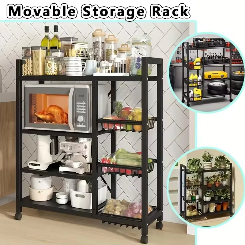 Heavy-Duty Adjustable 4-Tier Rolling Storage Shelf with 3 Wire Basket Mobile Shelving Unit Suitable for Garage, Pantry, Bathroom