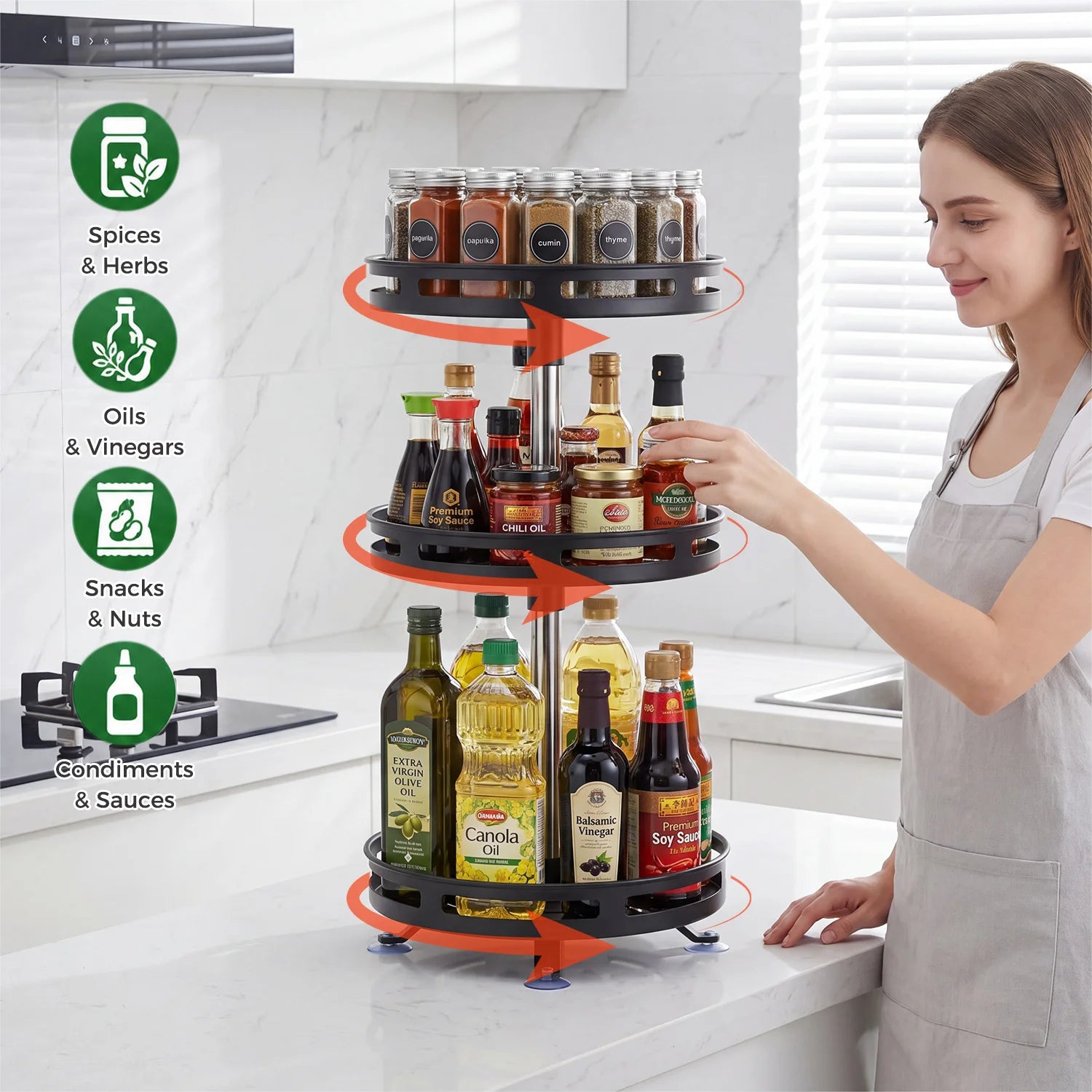 3-Tier 360° Rotating Spice Rack, Kitchen Bathroom Organiser, Height Adjustable Revolving Spice Turntable for Pantry, Cabinet, Countertop & Bathroom Storage