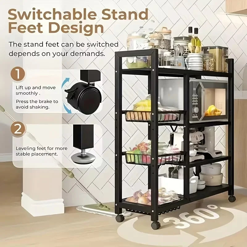 Heavy-Duty Adjustable 4-Tier Rolling Storage Shelf with 3 Wire Basket Mobile Shelving Unit Suitable for Garage, Pantry, Bathroom