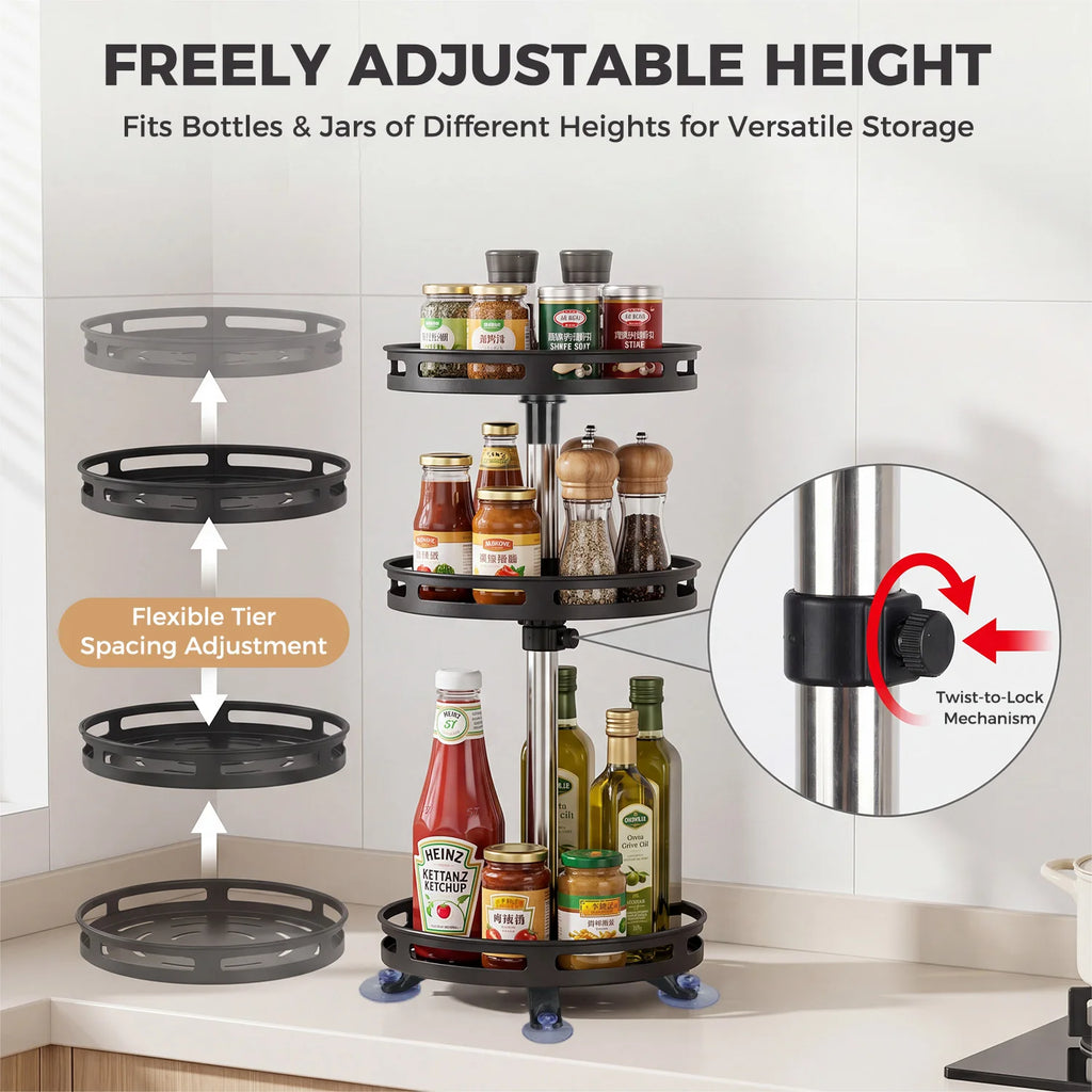 3-Tier 360° Rotating Spice Rack, Kitchen Bathroom Organiser, Height Adjustable Revolving Spice Turntable for Pantry, Cabinet, Countertop & Bathroom Storage
