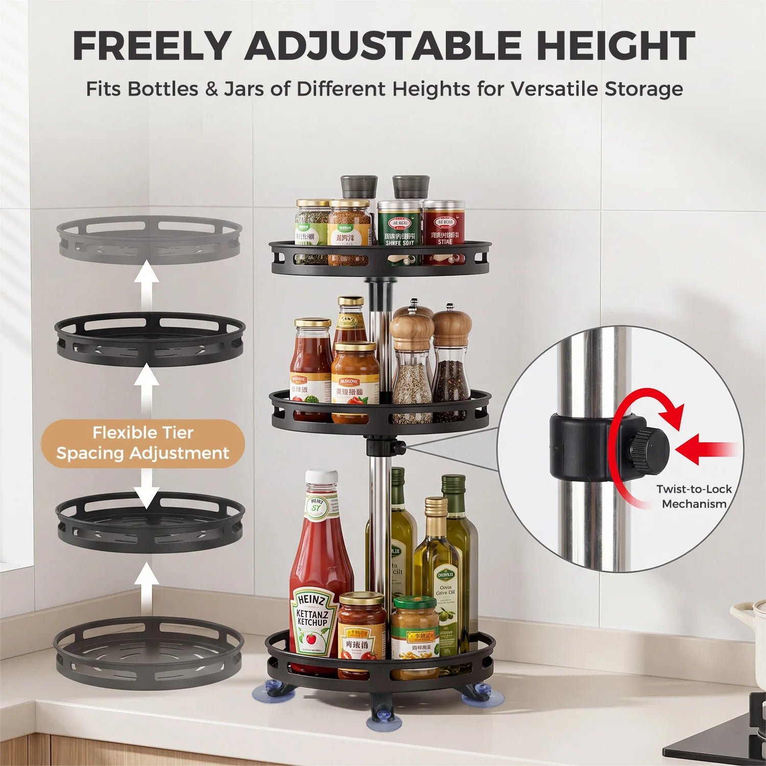 3-Tier 360° Rotating Spice Rack, Kitchen Bathroom Organiser, Height Adjustable Revolving Spice Turntable for Pantry, Cabinet, Countertop & Bathroom Storage