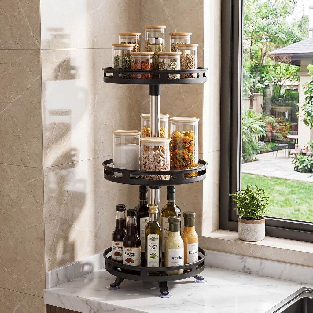 3-Tier 360° Rotating Spice Rack, Kitchen Bathroom Organiser, Height Adjustable Revolving Spice Turntable for Pantry, Cabinet, Countertop & Bathroom Storage