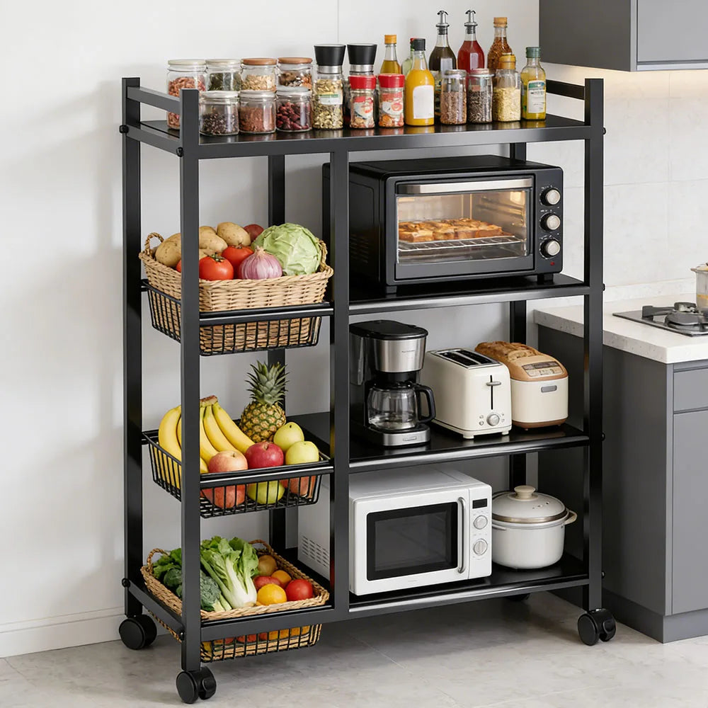 Heavy-Duty Adjustable 4-Tier Rolling Storage Shelf with 3 Wire Basket Mobile Shelving Unit Suitable for Garage, Pantry, Bathroom