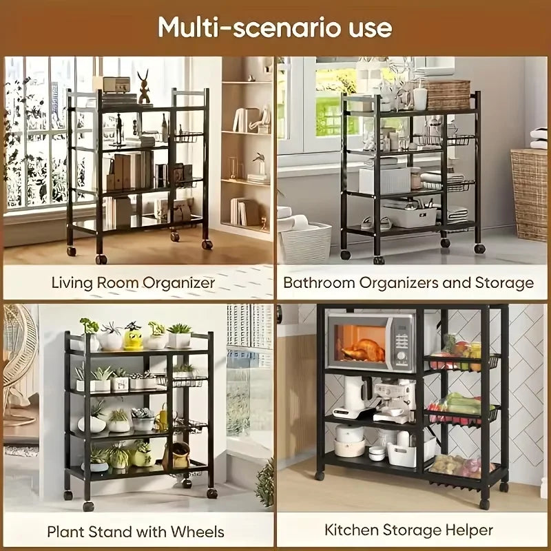 Heavy-Duty Adjustable 4-Tier Rolling Storage Shelf with 3 Wire Basket Mobile Shelving Unit Suitable for Garage, Pantry, Bathroom