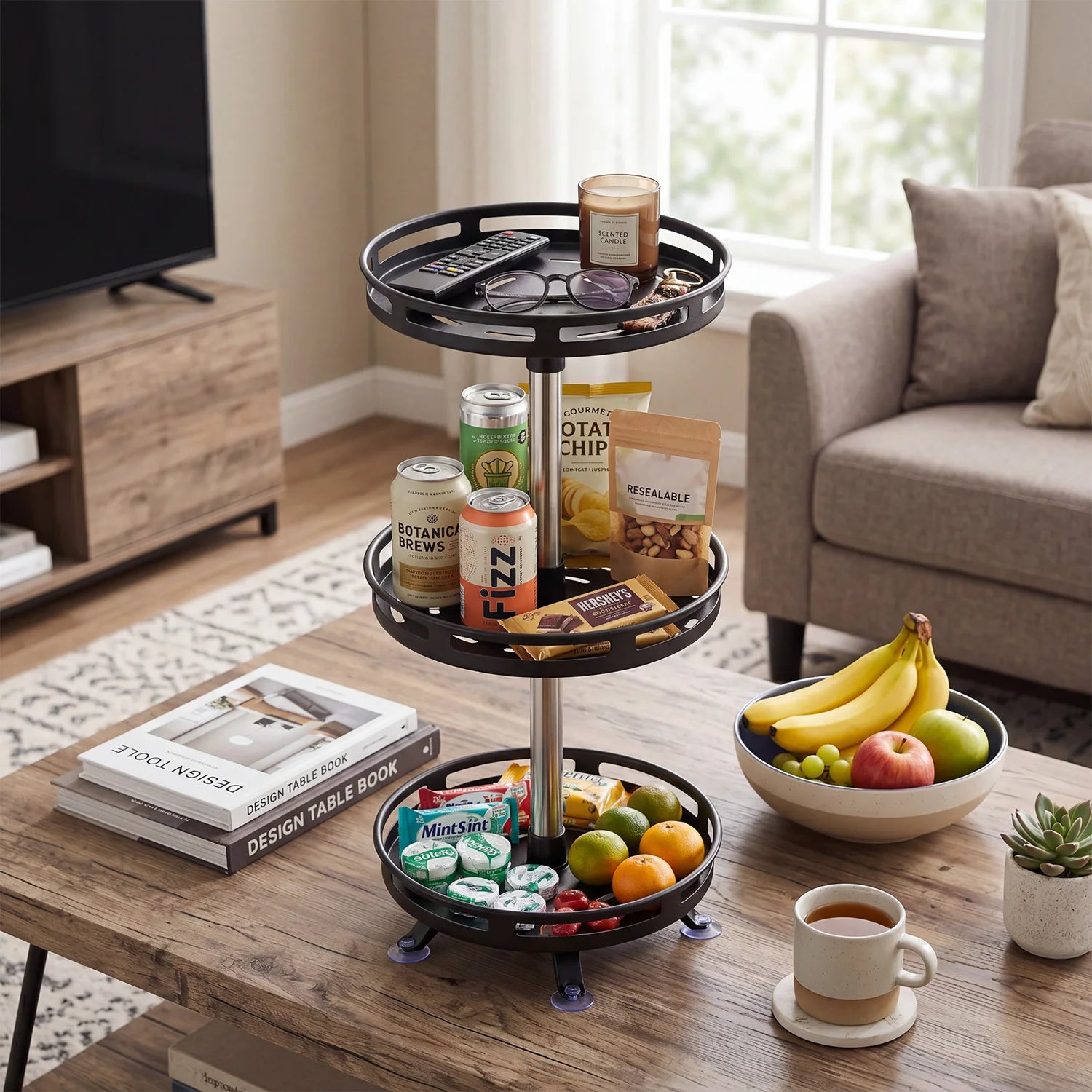 3-Tier 360° Rotating Spice Rack, Kitchen Bathroom Organiser, Height Adjustable Revolving Spice Turntable for Pantry, Cabinet, Countertop & Bathroom Storage