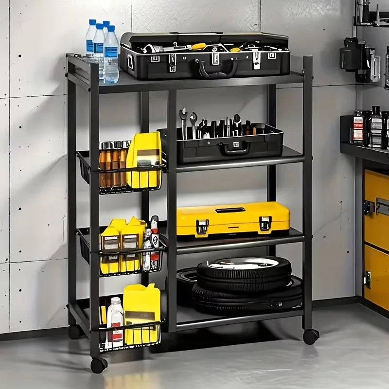 Heavy-Duty Adjustable 4-Tier Rolling Storage Shelf with 3 Wire Basket Mobile Shelving Unit Suitable for Garage, Pantry, Bathroom