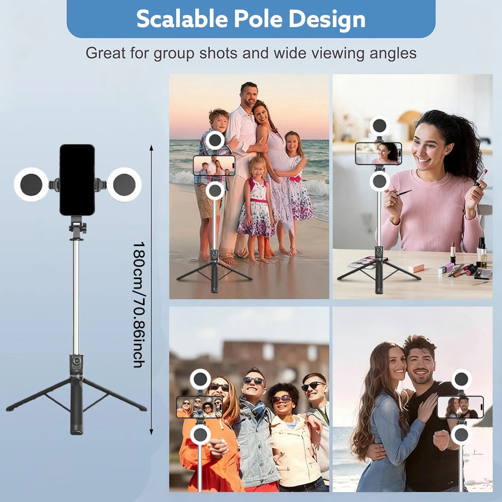 Selfie Stick Tripod With Fill Light Extendable 32-180cm Height Bluetooth Remote Phone Tripod For Travel Cell Phone Holder Mount