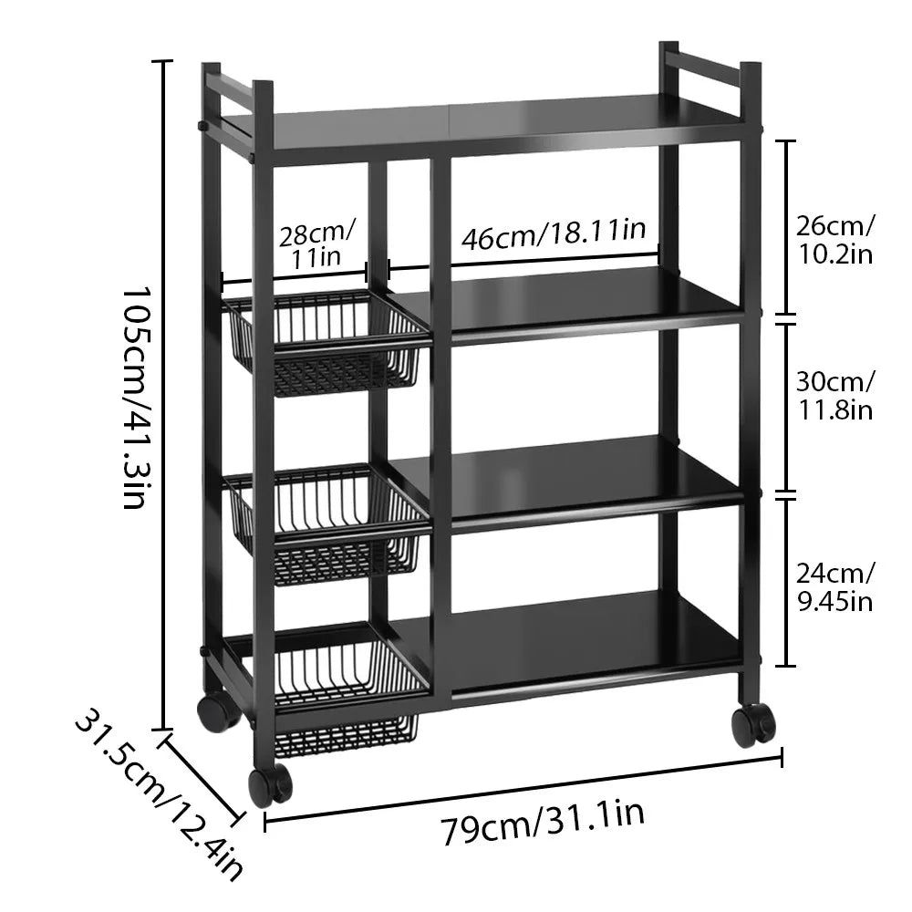 Heavy-Duty Adjustable 4-Tier Rolling Storage Shelf with 3 Wire Basket Mobile Shelving Unit Suitable for Garage, Pantry, Bathroom